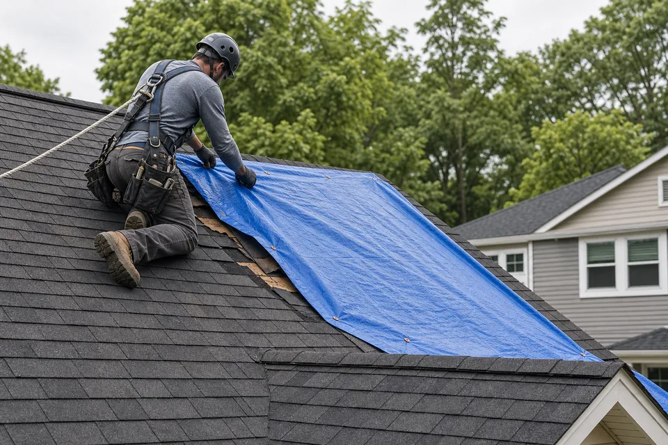 Roofing professionals installing temporary roof protection